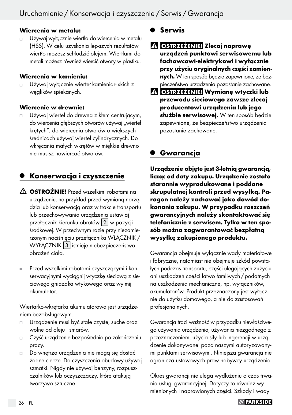 Konserwacja i czyszczenie, Serwis, Gwarancja | Parkside PABS 18-Li B2 User Manual | Page 26 / 72