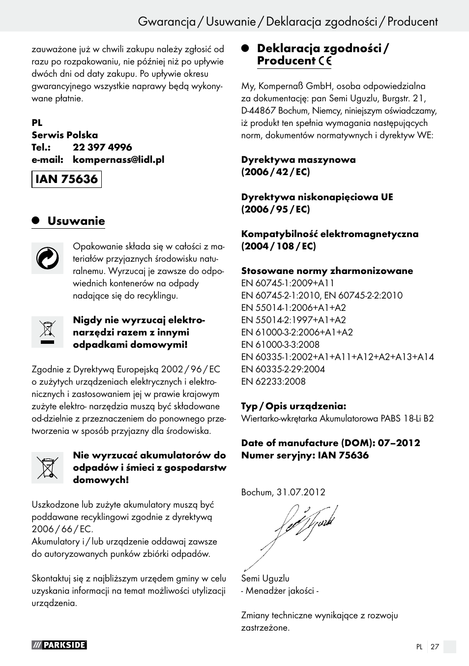 Usuwanie, Deklaracja zgodności / producent | Parkside PABS 18-Li B2 User Manual | Page 27 / 72