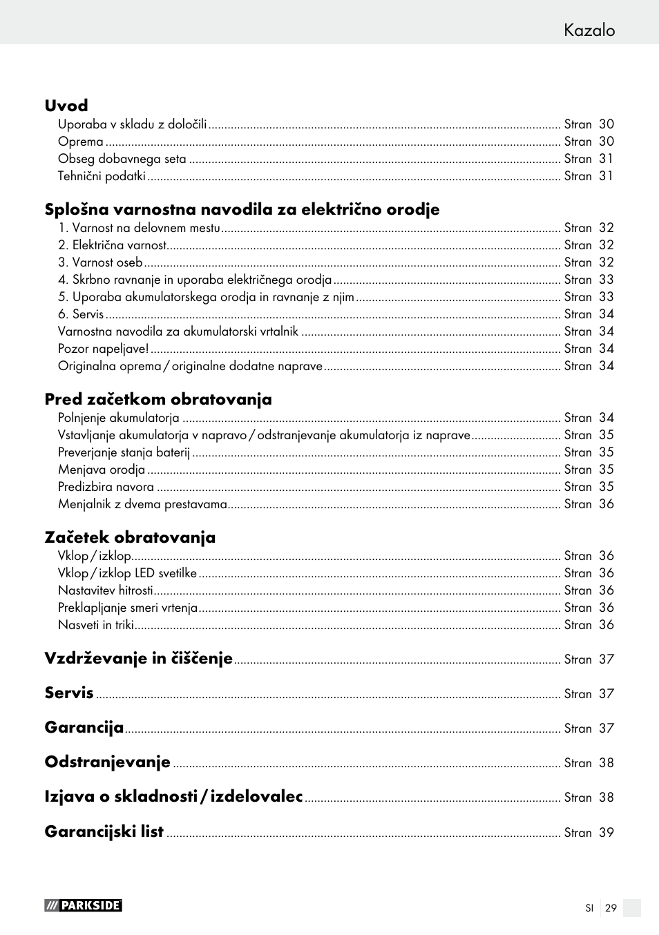 Kazalo | Parkside PABS 18-Li B2 User Manual | Page 29 / 72