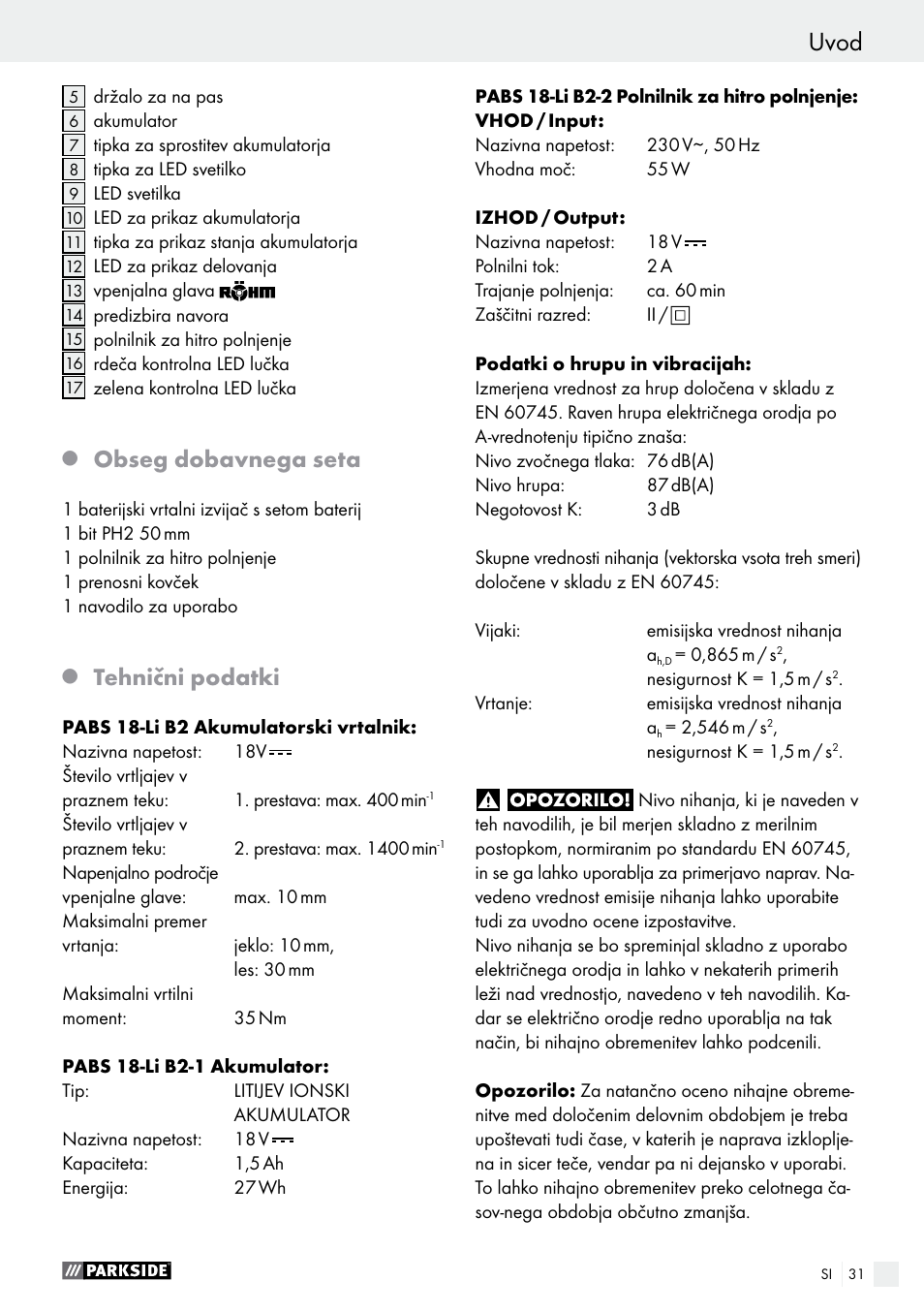Uvod, Obseg dobavnega seta, Tehnični podatki | Parkside PABS 18-Li B2 User Manual | Page 31 / 72