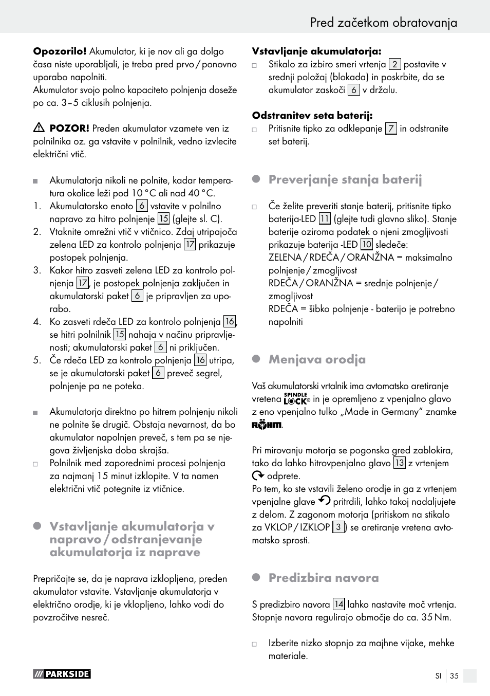 Preverjanje stanja baterij, Menjava orodja, Predizbira navora | Parkside PABS 18-Li B2 User Manual | Page 35 / 72