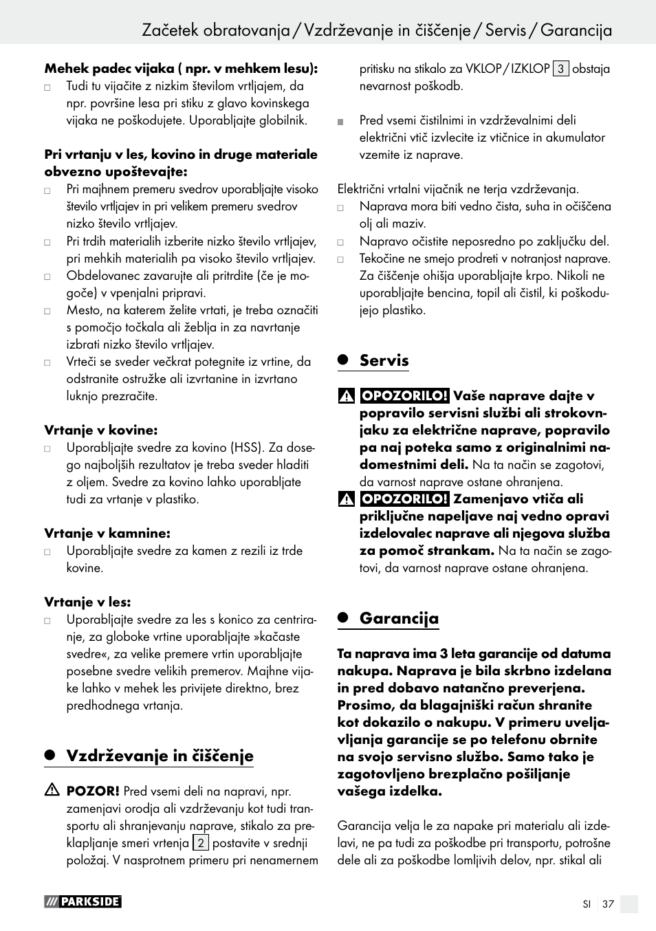 Vzdrževanje in čiščenje, Servis, Garancija | Parkside PABS 18-Li B2 User Manual | Page 37 / 72