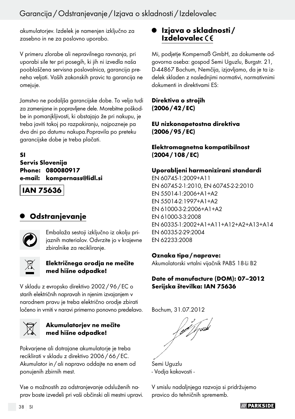 Garancijski list, Odstranjevanje, Izjava o skladnosti / izdelovalec | Parkside PABS 18-Li B2 User Manual | Page 38 / 72