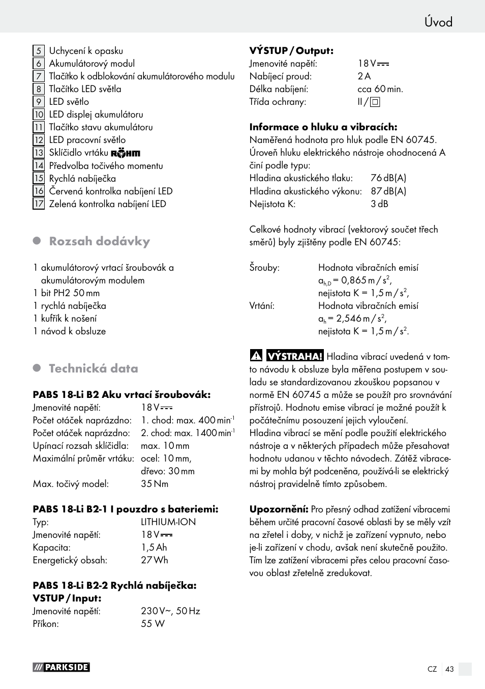 Úvod, Rozsah dodávky, Technická data | Parkside PABS 18-Li B2 User Manual | Page 43 / 72