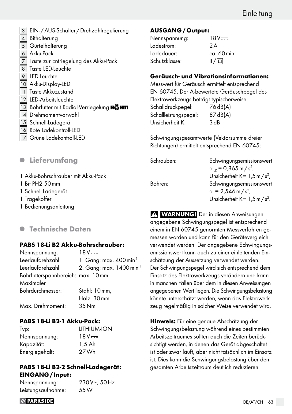 Einleitung, Lieferumfang, Technische daten | Parkside PABS 18-Li B2 User Manual | Page 63 / 72