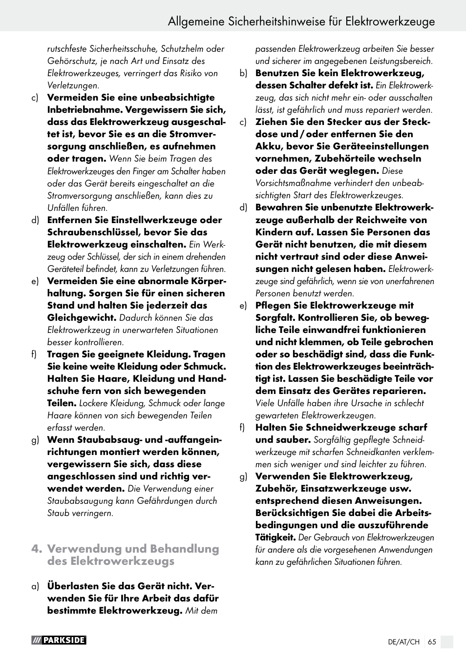 Verwendung und behandlung des elektrowerkzeugs | Parkside PABS 18-Li B2 User Manual | Page 65 / 72