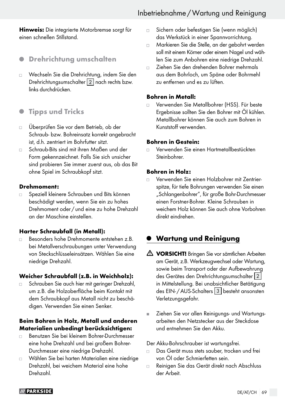 Vor der inbetriebnahme / inbetriebnahme, Inbetriebnahme / wartung und reinigung, Drehrichtung umschalten | Tipps und tricks, Wartung und reinigung | Parkside PABS 18-Li B2 User Manual | Page 69 / 72