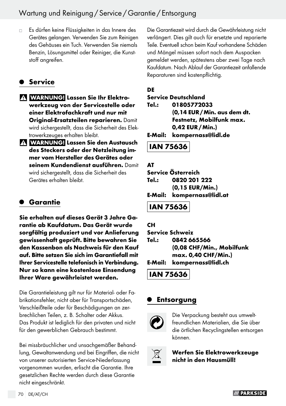 Service, Garantie, Entsorgung | Parkside PABS 18-Li B2 User Manual | Page 70 / 72