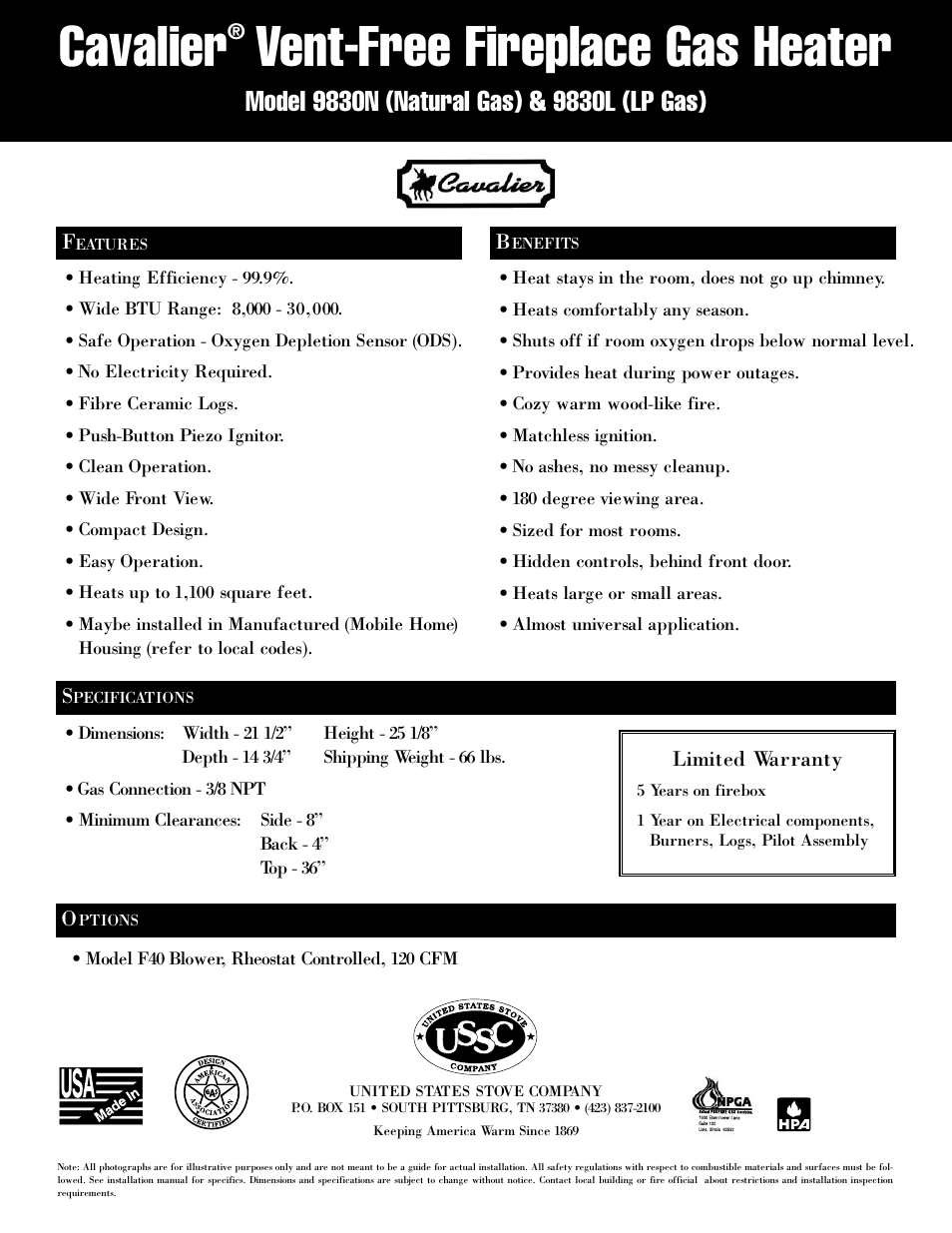 Cavalier, Vent-free fireplace gas heater | Cavalier 9830 User Manual | Page 2 / 2