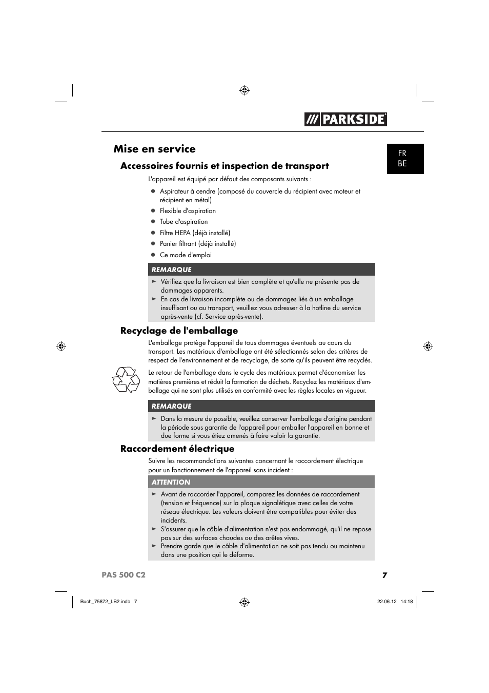 Mise en service, Accessoires fournis et inspection de transport, Recyclage de l'emballage | Raccordement électrique | Parkside PAS 500 C2 User Manual | Page 10 / 70