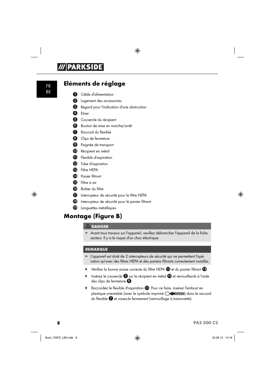 Eléments de réglage, Montage (figure b), Fr be | Parkside PAS 500 C2 User Manual | Page 11 / 70