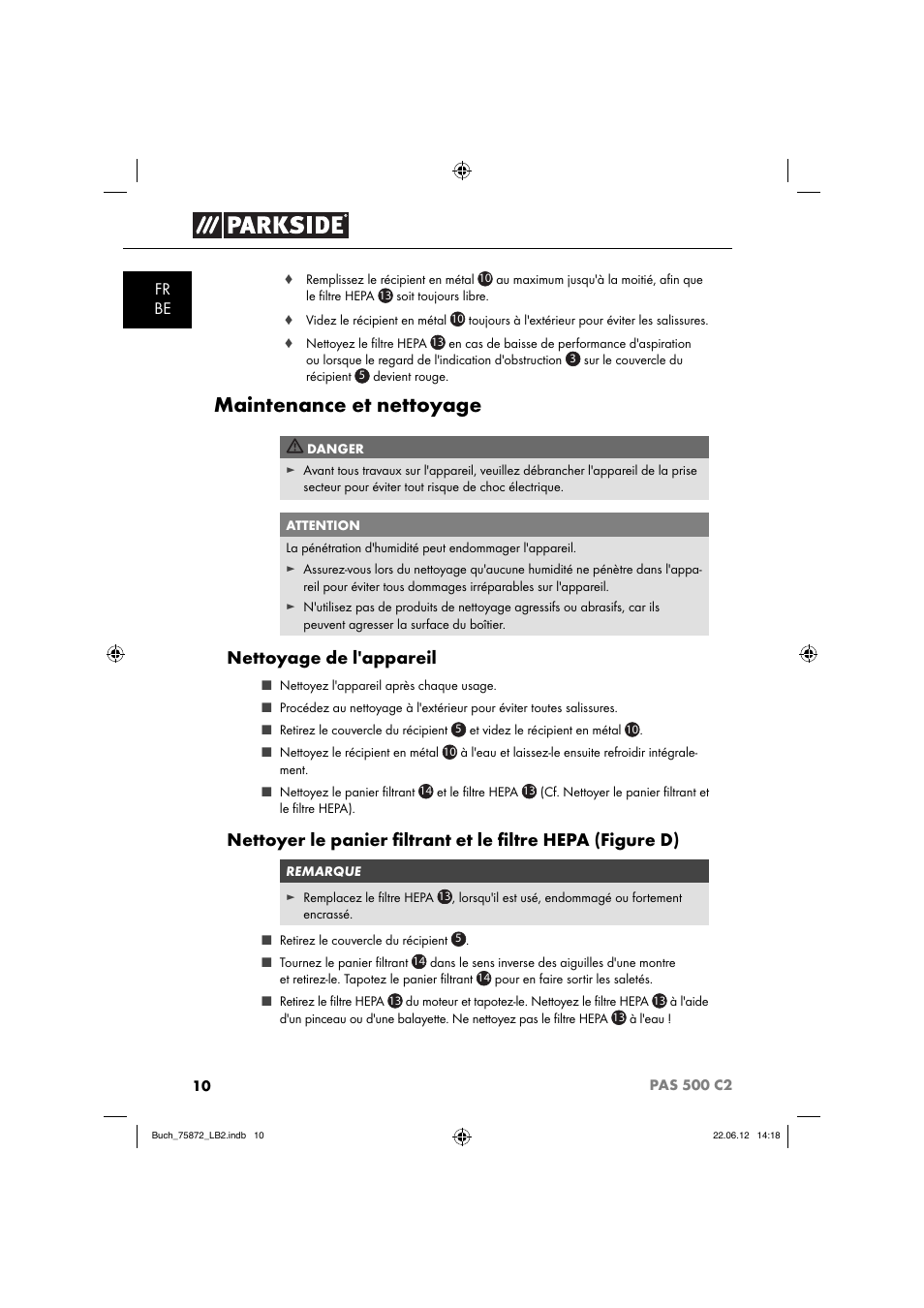 Maintenance et nettoyage, Nettoyage de l'appareil | Parkside PAS 500 C2 User Manual | Page 13 / 70