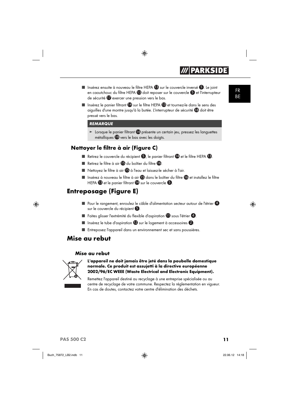 Entreposage (figure e), Mise au rebut, Nettoyer le ﬁ ltre à air (figure c) | Parkside PAS 500 C2 User Manual | Page 14 / 70