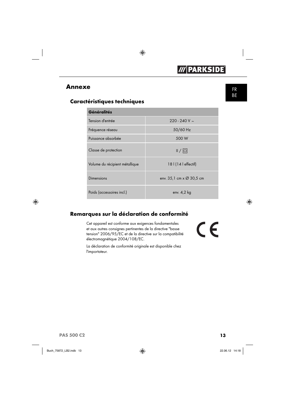 Annexe, Caractéristiques techniques, Remarques sur la déclaration de conformité | Parkside PAS 500 C2 User Manual | Page 16 / 70