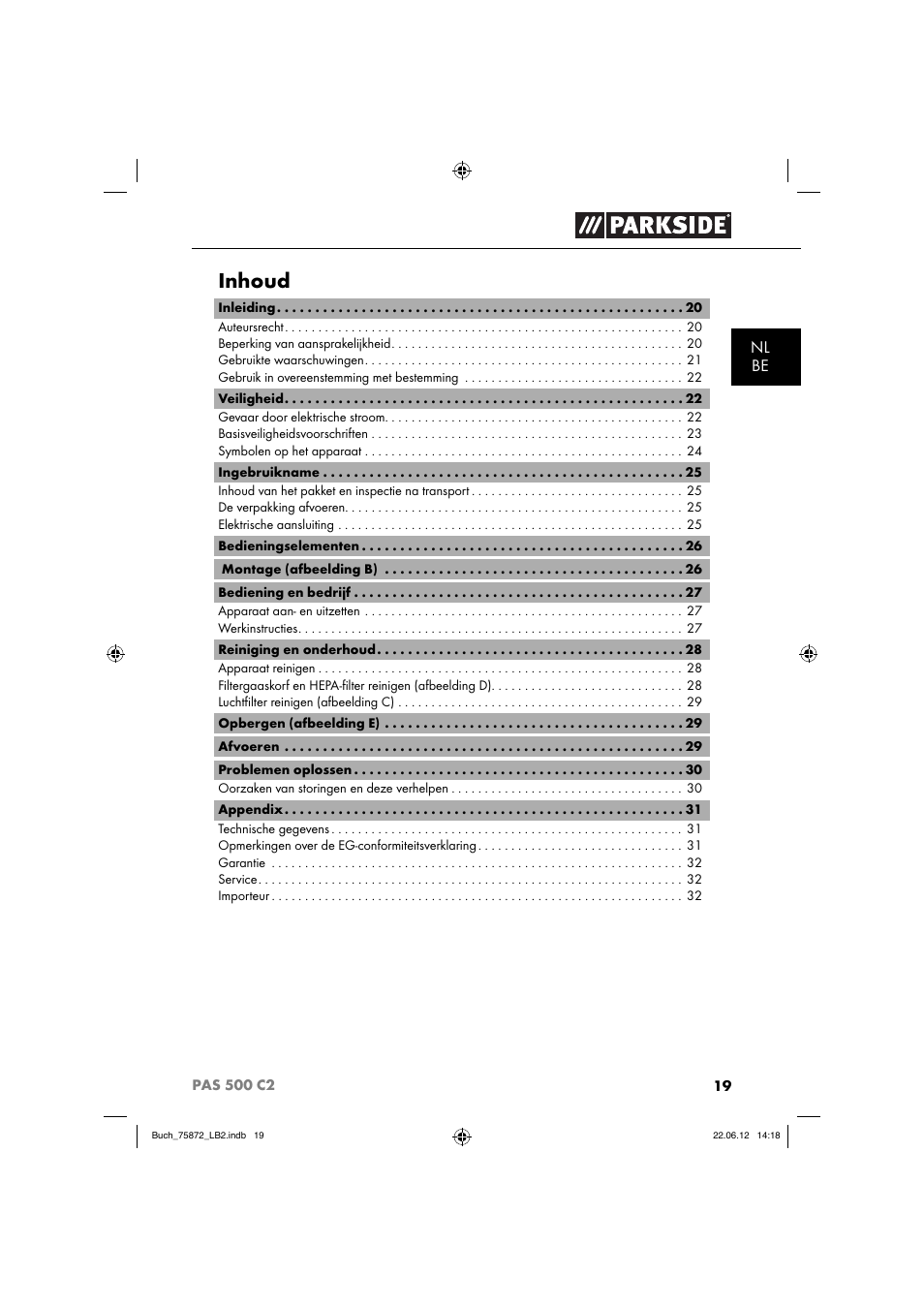 Inhoud | Parkside PAS 500 C2 User Manual | Page 22 / 70