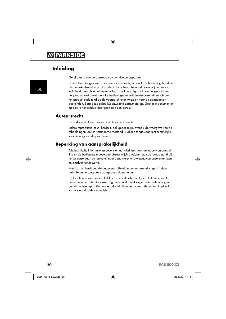 Inleiding, Auteursrecht, Beperking van aansprakelijkheid | Parkside PAS 500 C2 User Manual | Page 23 / 70