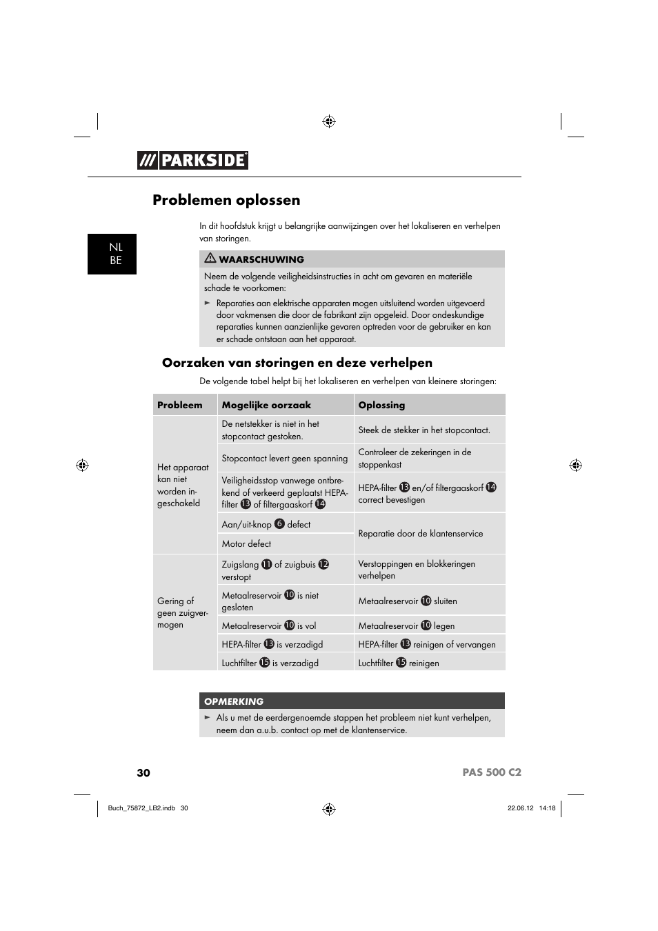 Problemen oplossen, Oorzaken van storingen en deze verhelpen | Parkside PAS 500 C2 User Manual | Page 33 / 70