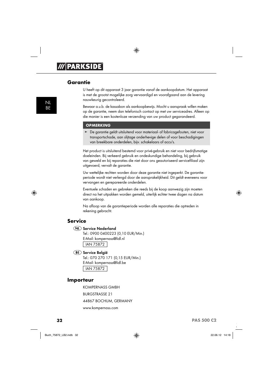 Garantie, Service, Importeur | Parkside PAS 500 C2 User Manual | Page 35 / 70