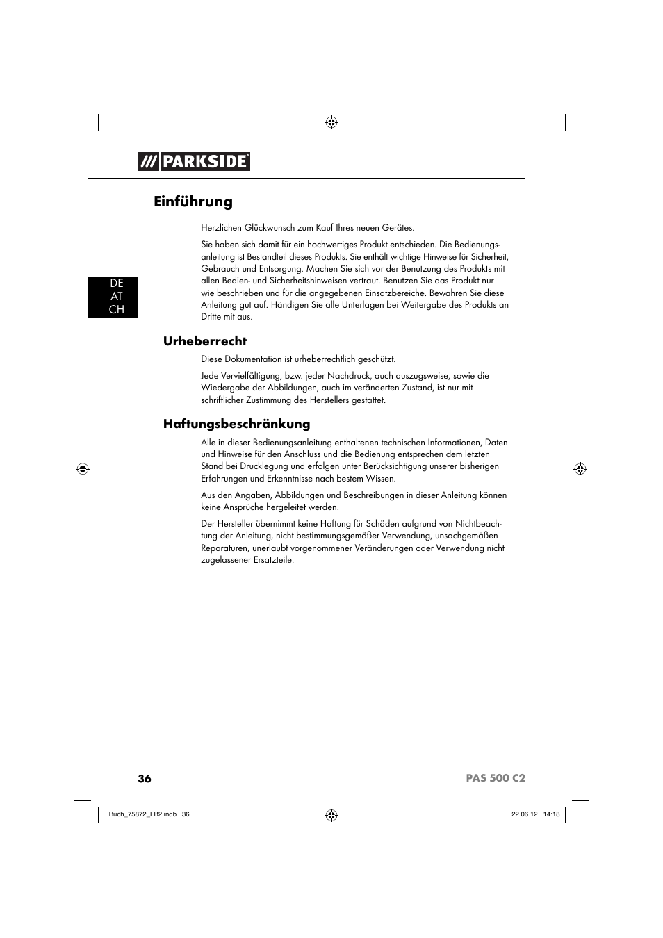 Einführung, Urheberrecht, Haftungsbeschränkung | Parkside PAS 500 C2 User Manual | Page 39 / 70