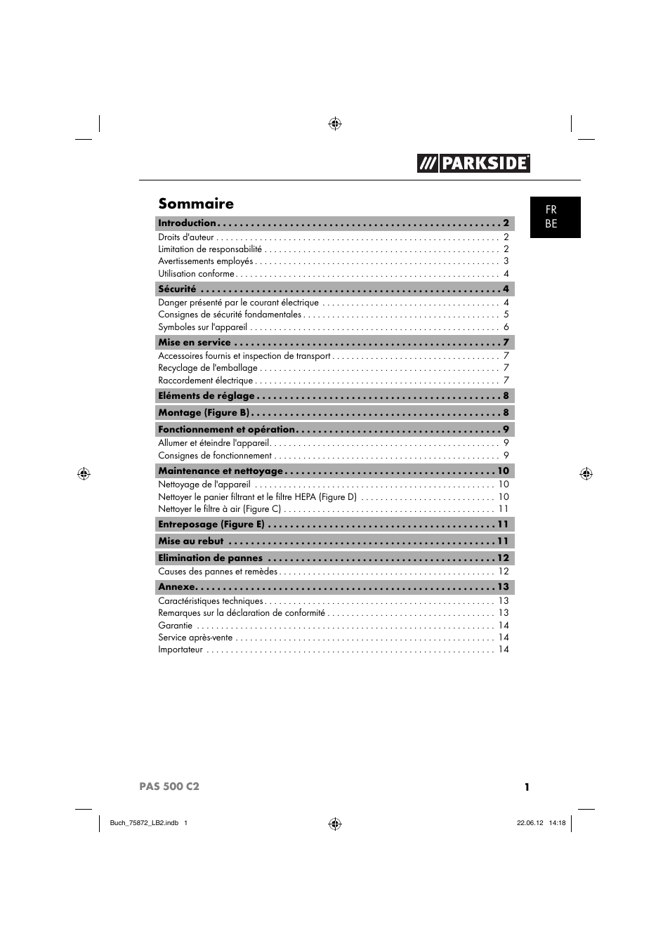 Sommaire | Parkside PAS 500 C2 User Manual | Page 4 / 70