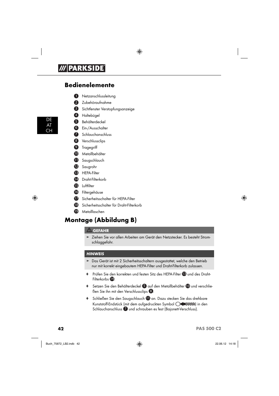 Bedienelemente, Montage (abbildung b), De at ch | Parkside PAS 500 C2 User Manual | Page 45 / 70