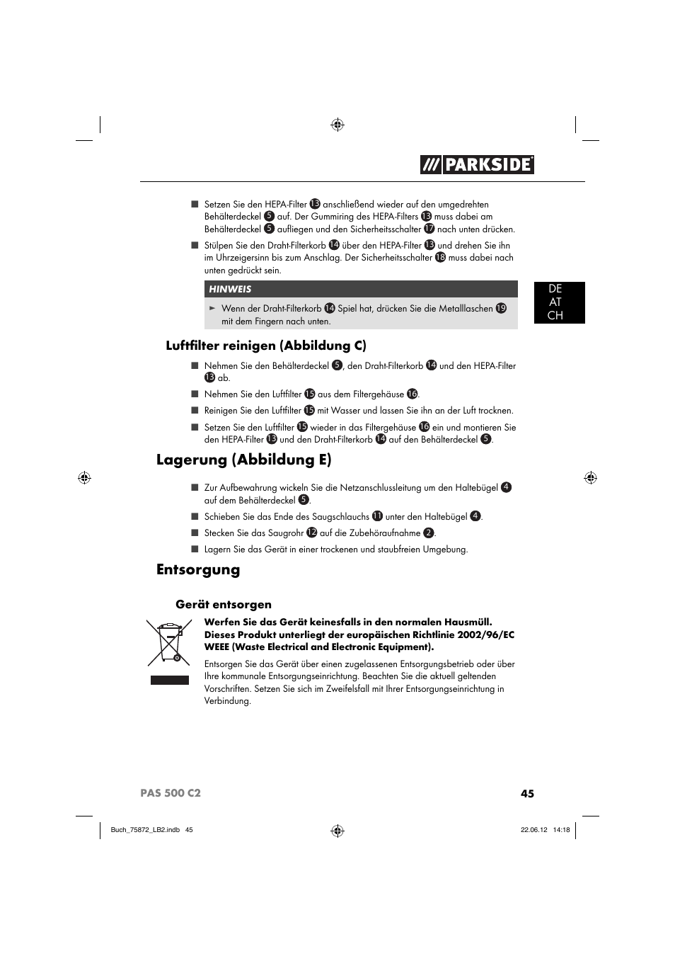 Lagerung (abbildung e), Entsorgung, Luftﬁ lter reinigen (abbildung c) | Parkside PAS 500 C2 User Manual | Page 48 / 70