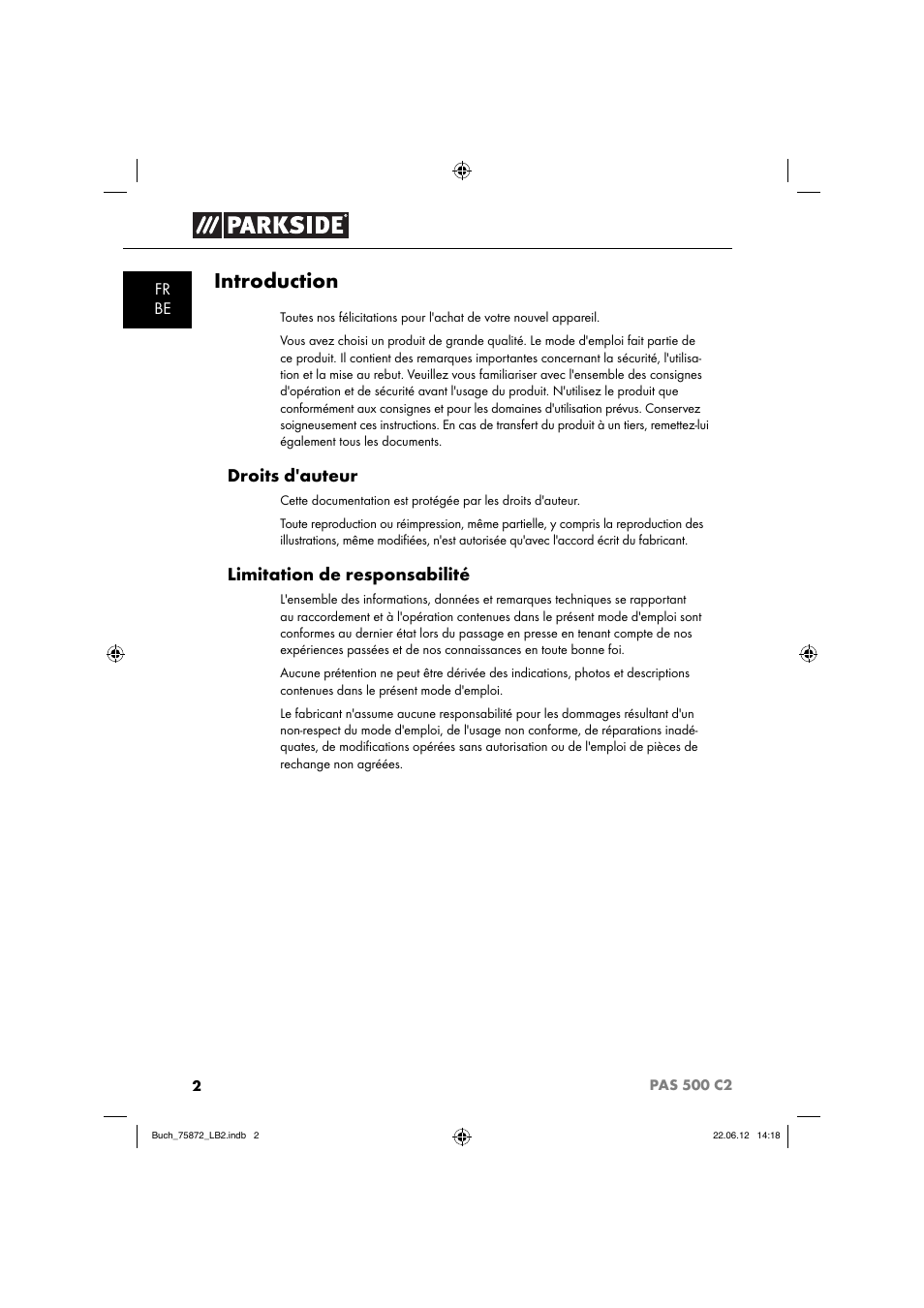 Introduction, Droits d'auteur, Limitation de responsabilité | Parkside PAS 500 C2 User Manual | Page 5 / 70