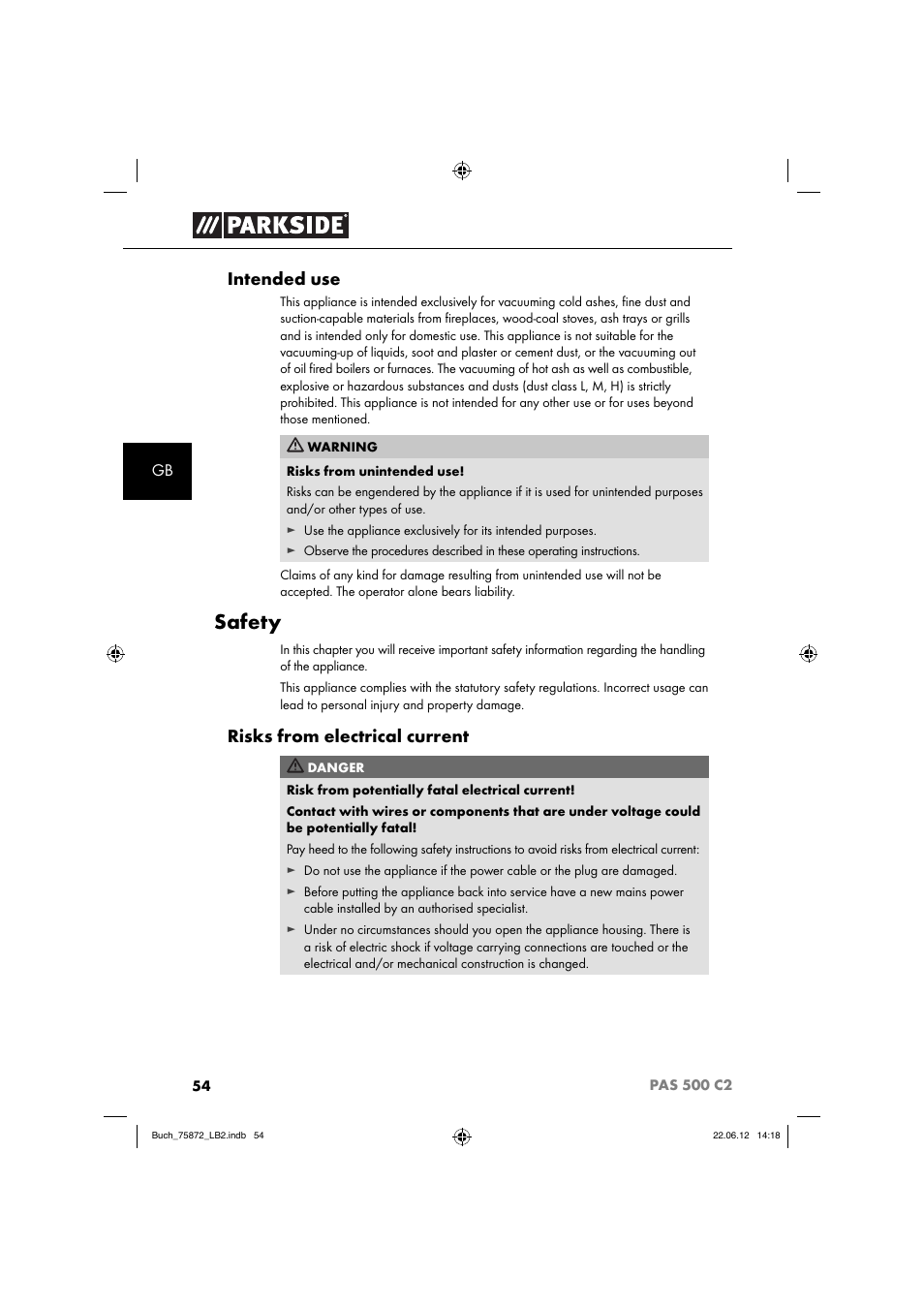 Safety, Intended use, Risks from electrical current | Parkside PAS 500 C2 User Manual | Page 57 / 70