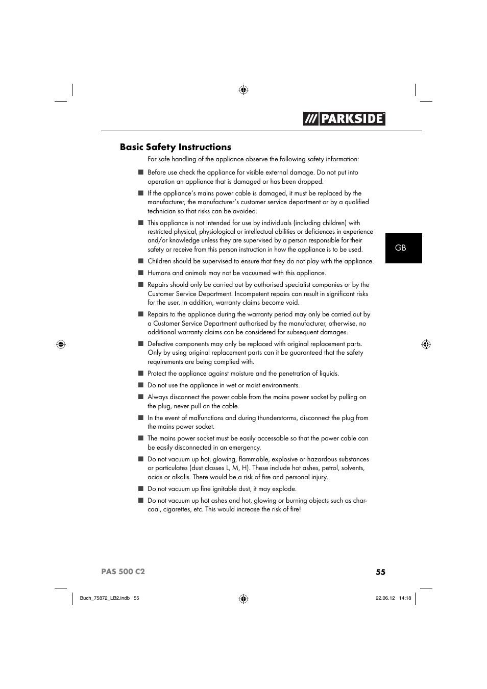 Basic safety instructions | Parkside PAS 500 C2 User Manual | Page 58 / 70