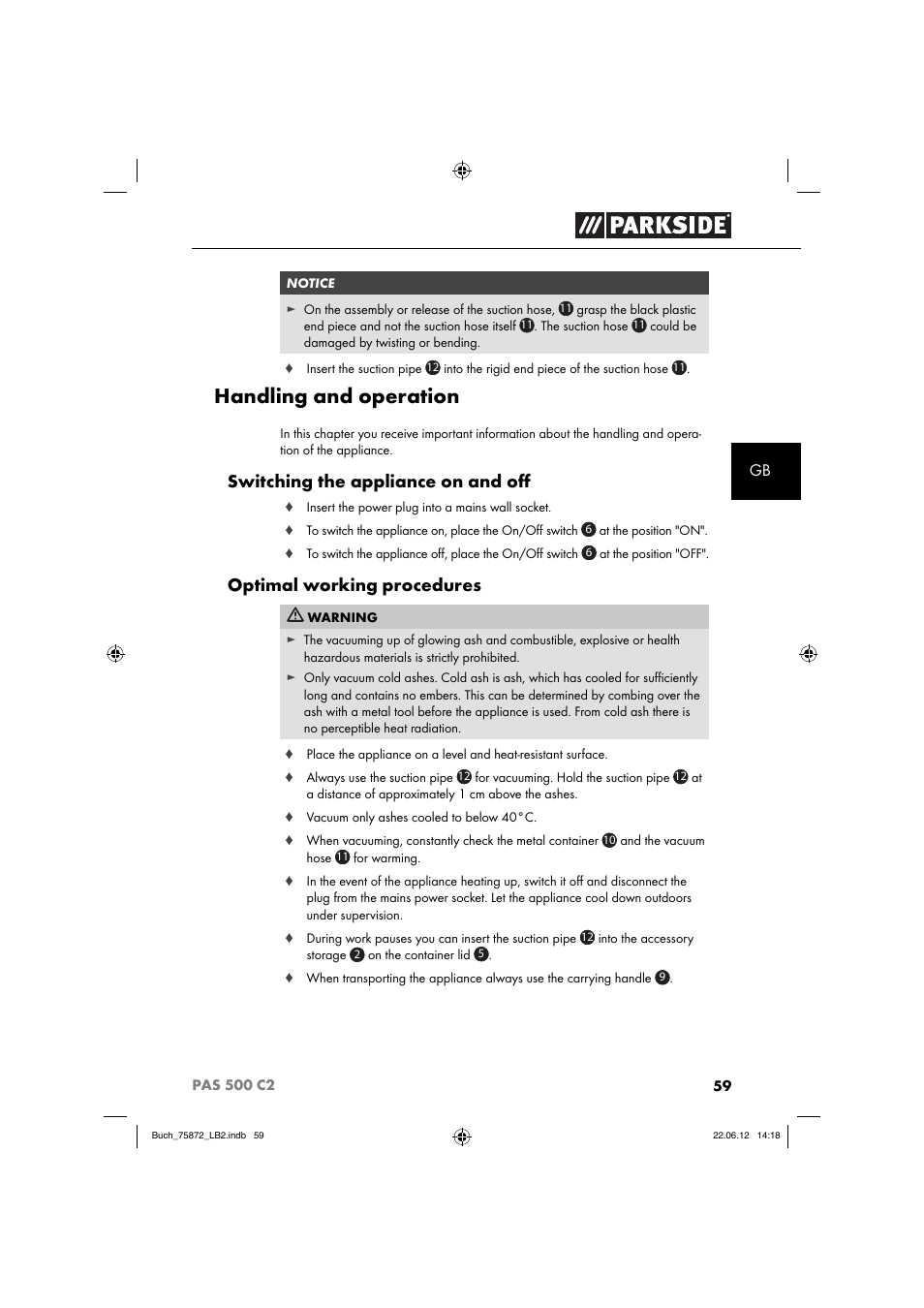 Handling and operation, Switching the appliance on and oﬀ, Optimal working procedures | Parkside PAS 500 C2 User Manual | Page 62 / 70