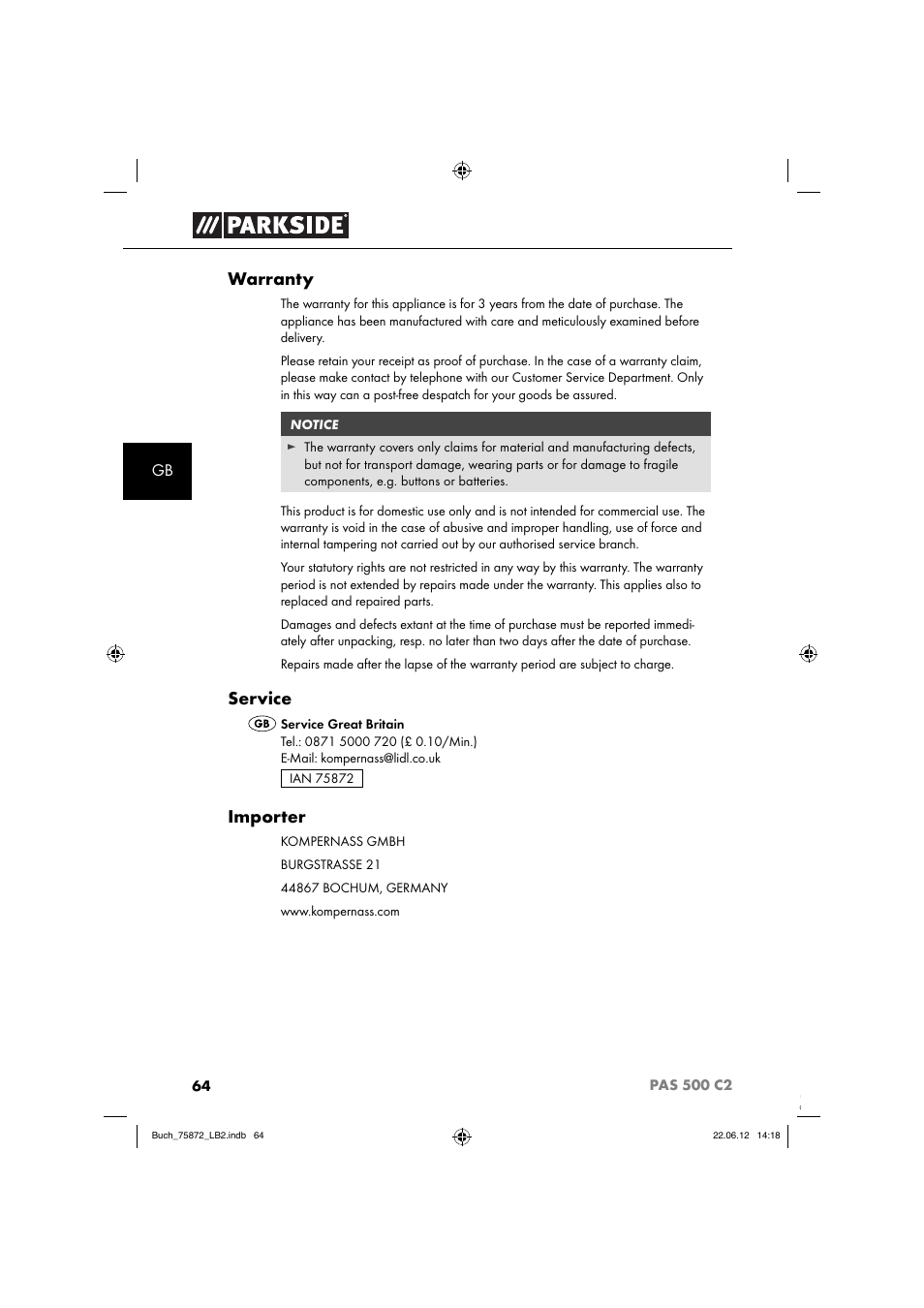 Warranty, Service, Importer | Parkside PAS 500 C2 User Manual | Page 67 / 70