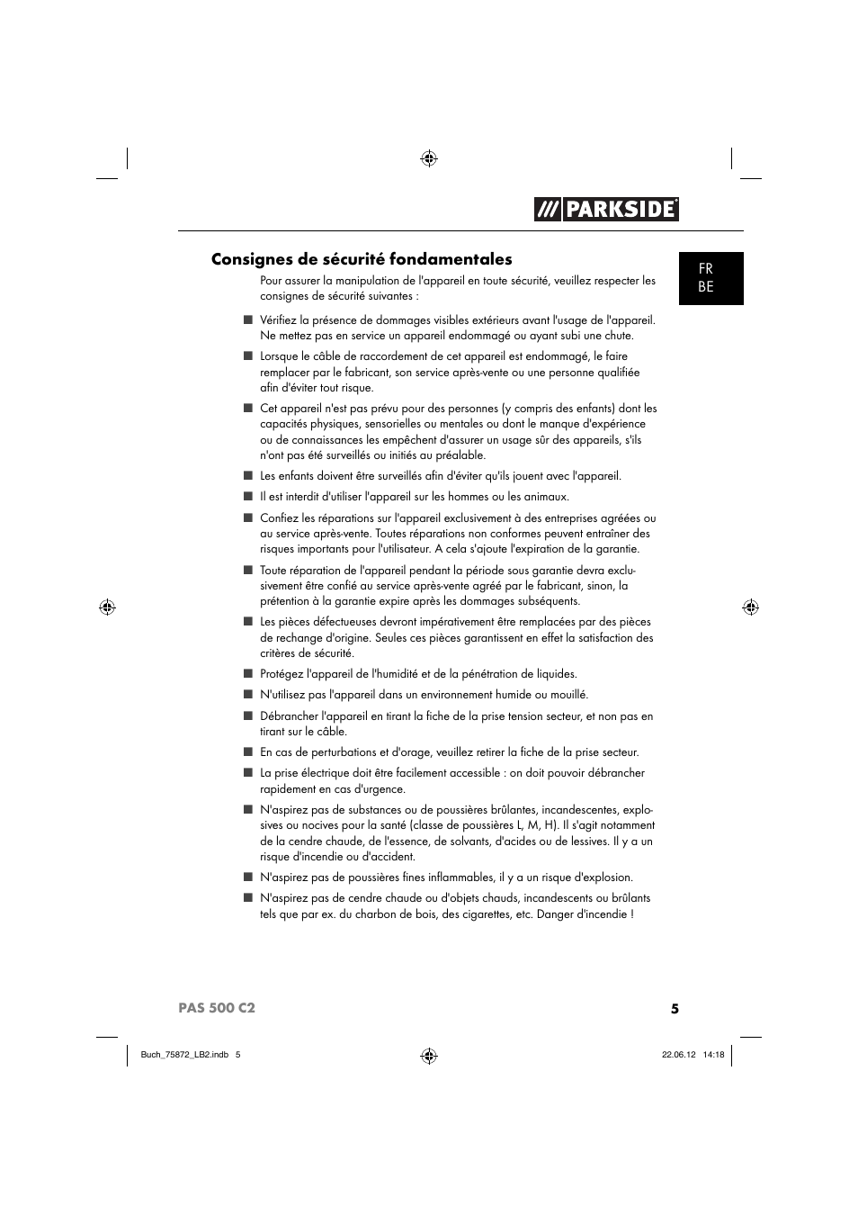 Consignes de sécurité fondamentales | Parkside PAS 500 C2 User Manual | Page 8 / 70