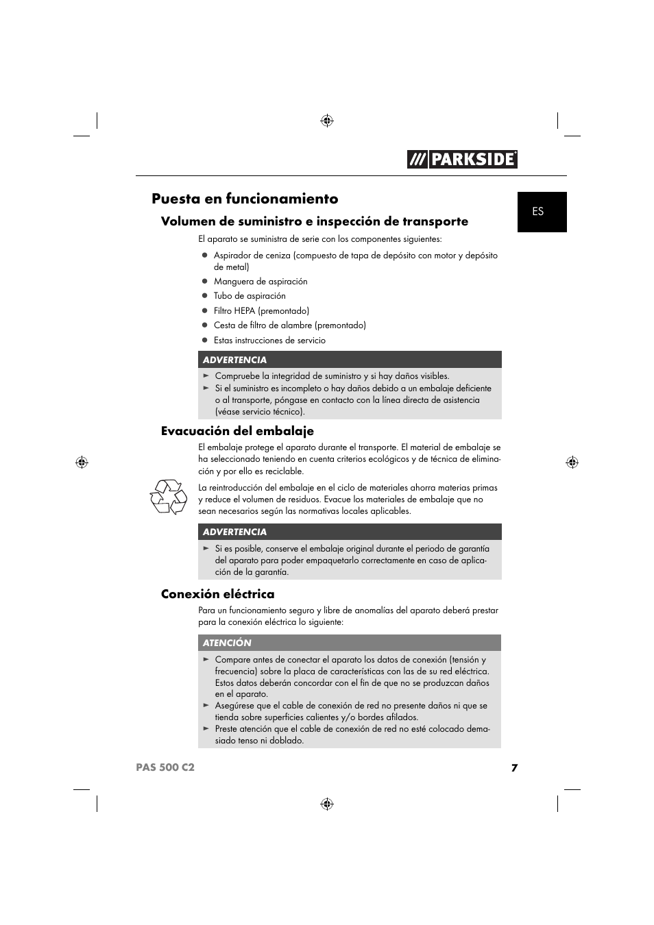 Puesta en funcionamiento, Volumen de suministro e inspección de transporte, Evacuación del embalaje | Conexión eléctrica | Parkside PAS 500 C2 User Manual | Page 10 / 84