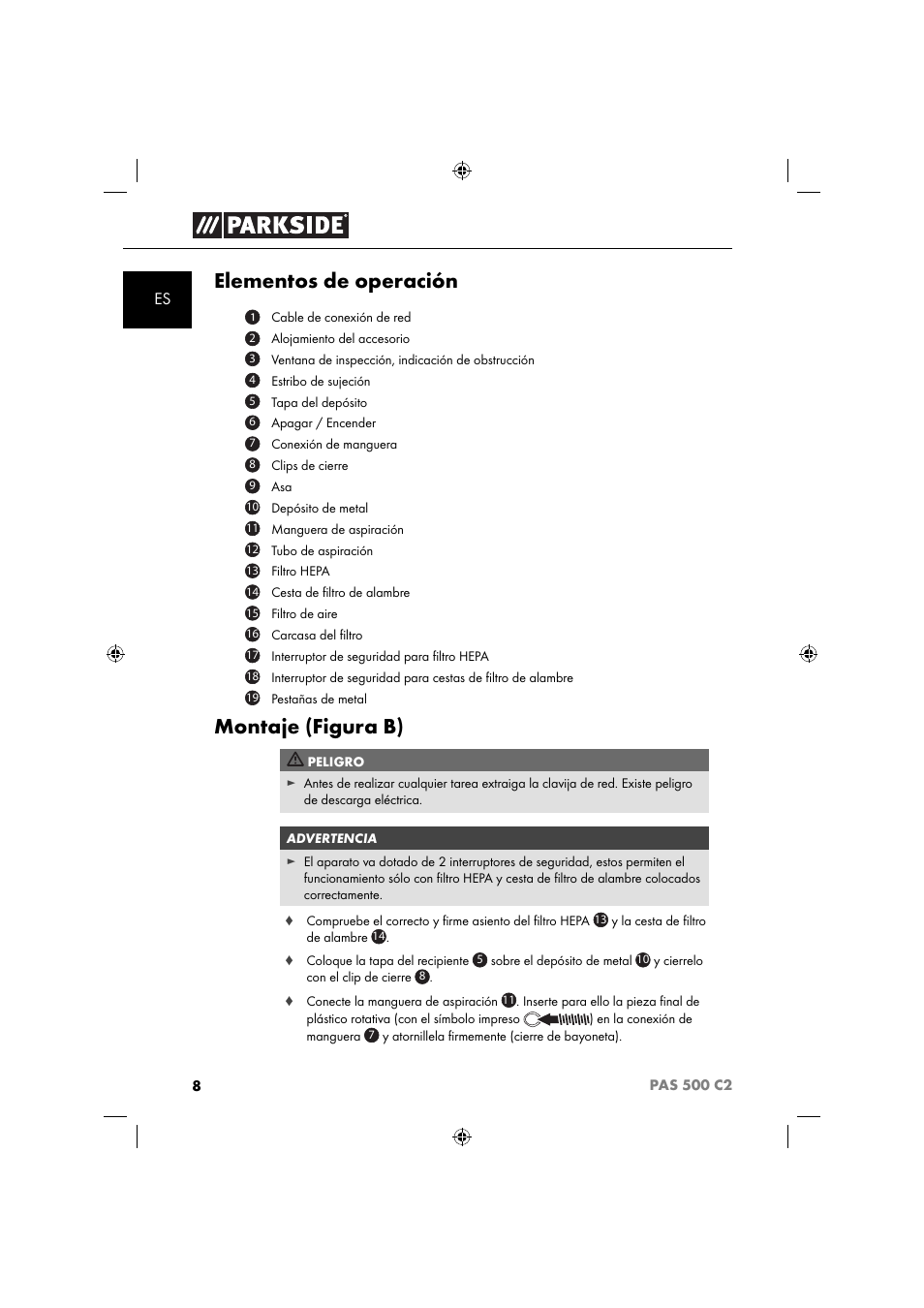 Elementos de operación, Montaje (figura b) | Parkside PAS 500 C2 User Manual | Page 11 / 84