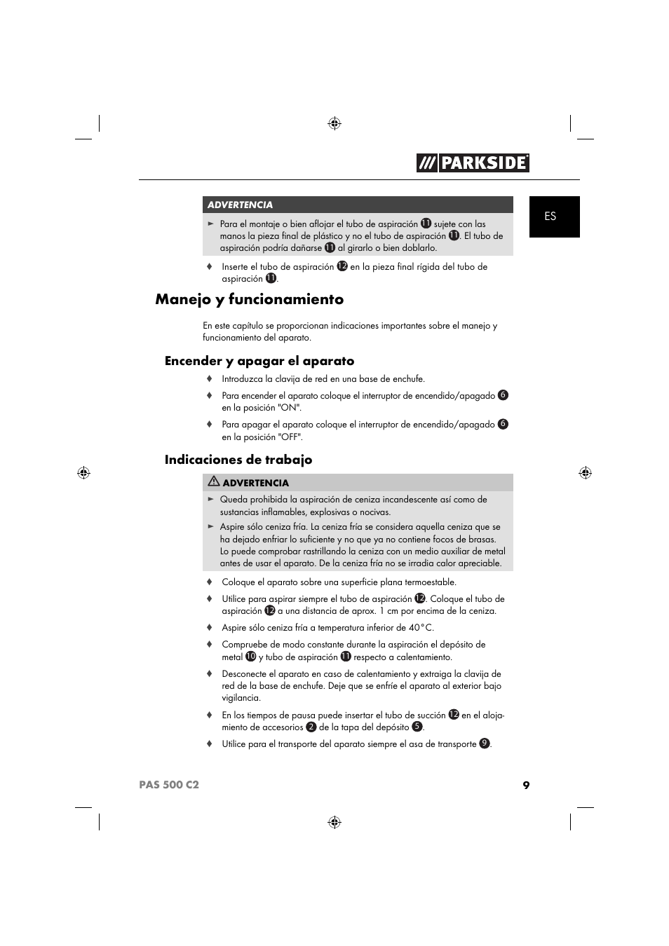 Manejo y funcionamiento, Encender y apagar el aparato, Indicaciones de trabajo | Parkside PAS 500 C2 User Manual | Page 12 / 84