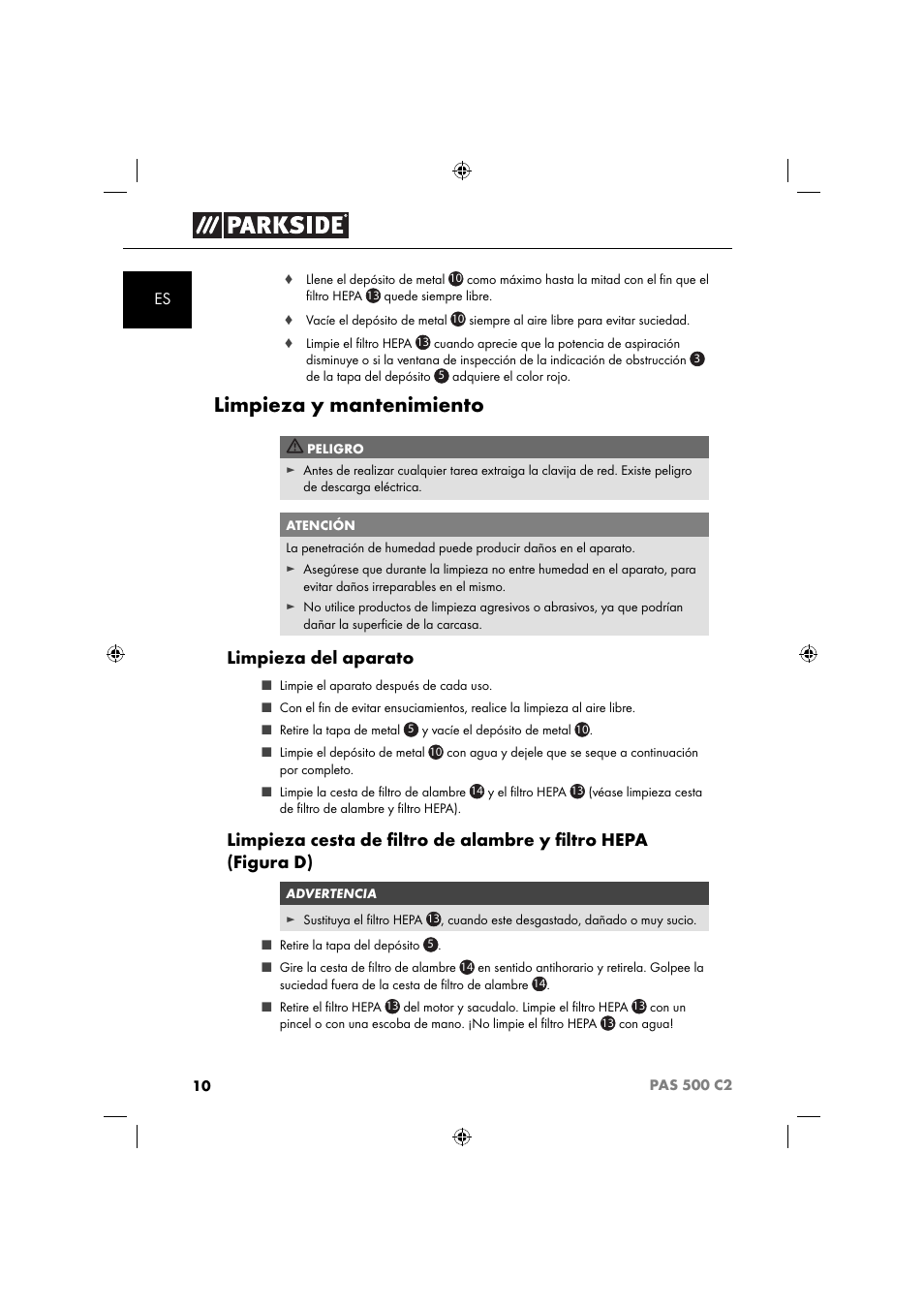 Limpieza y mantenimiento, Limpieza del aparato | Parkside PAS 500 C2 User Manual | Page 13 / 84