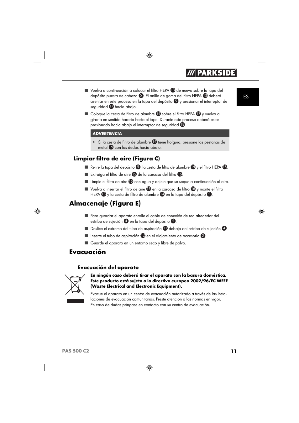 Almacenaje (figura e), Evacuación, Limpiar ﬁ ltro de aire (figura c) | Parkside PAS 500 C2 User Manual | Page 14 / 84