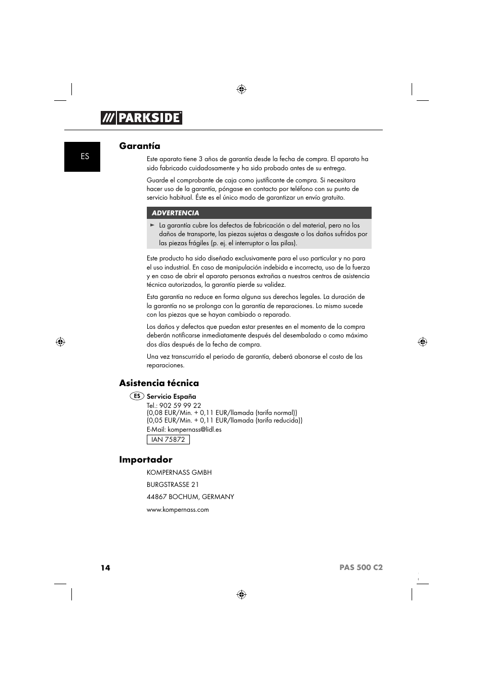 Garantía, Asistencia técnica, Importador | Parkside PAS 500 C2 User Manual | Page 17 / 84