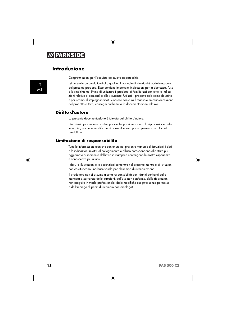 Introduzione, Diritto d'autore, Limitazione di responsabilità | Parkside PAS 500 C2 User Manual | Page 21 / 84