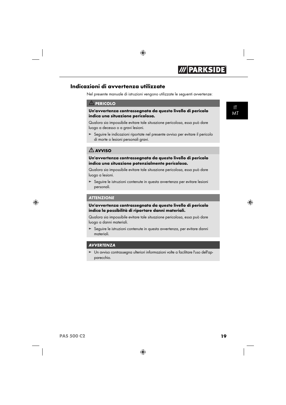 Indicazioni di avvertenza utilizzate | Parkside PAS 500 C2 User Manual | Page 22 / 84