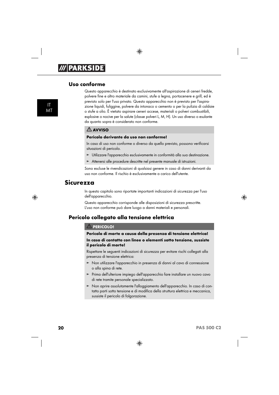 Sicurezza, Uso conforme, Pericolo collegato alla tensione elettrica | Parkside PAS 500 C2 User Manual | Page 23 / 84