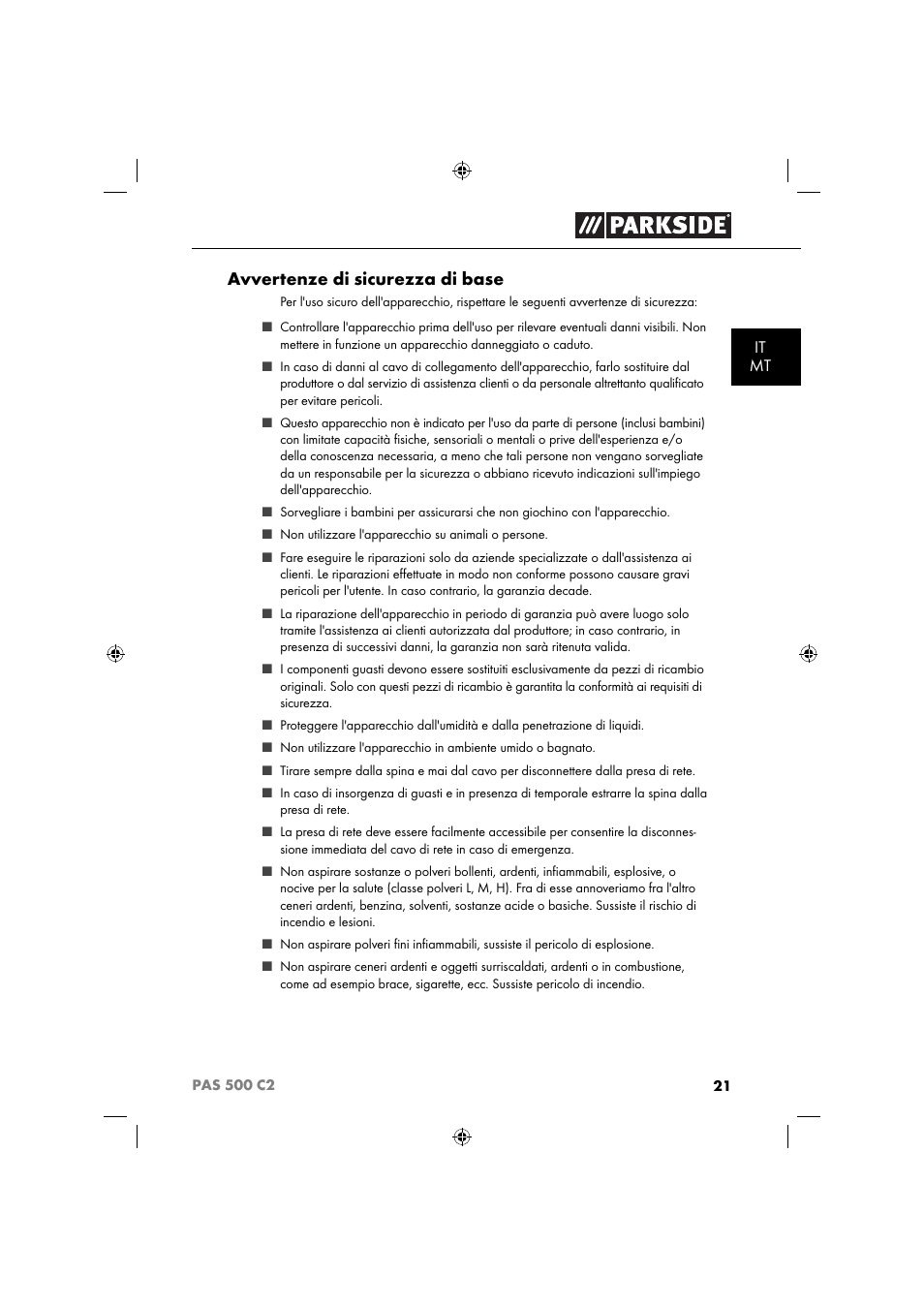 Avvertenze di sicurezza di base | Parkside PAS 500 C2 User Manual | Page 24 / 84