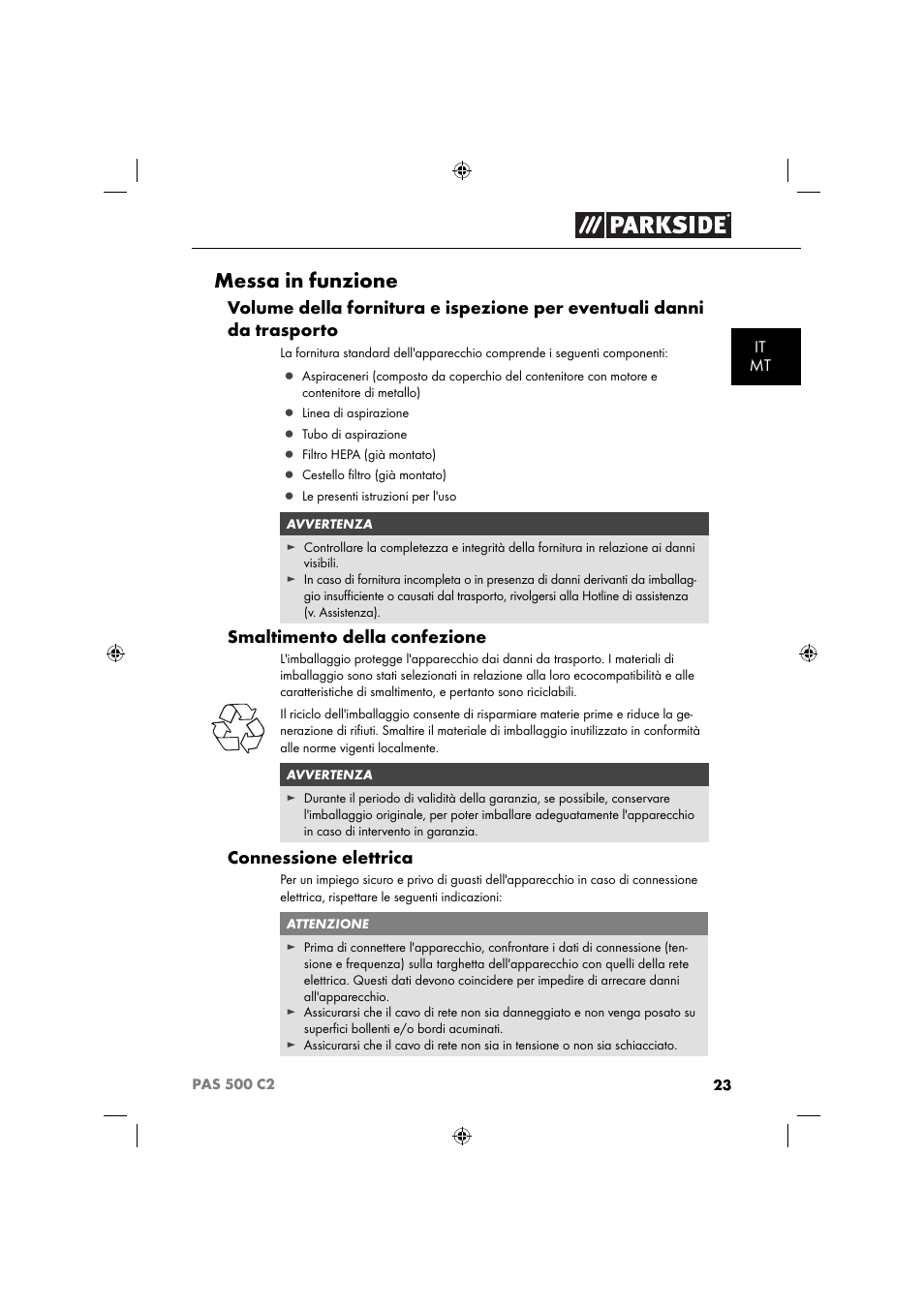 Messa in funzione, Smaltimento della confezione, Connessione elettrica | Parkside PAS 500 C2 User Manual | Page 26 / 84