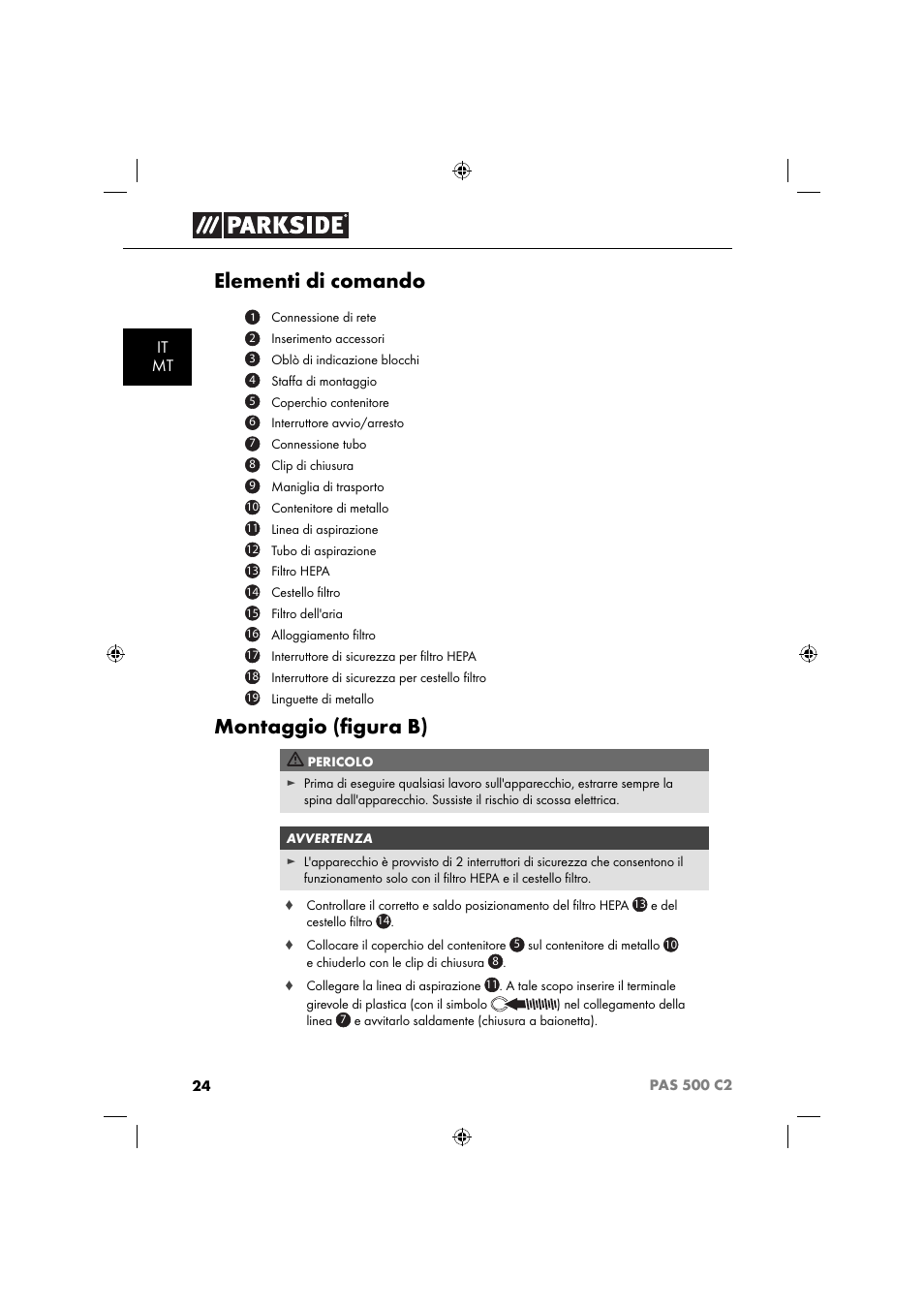 Elementi di comando, Montaggio (ﬁ gura b), It mt | Parkside PAS 500 C2 User Manual | Page 27 / 84