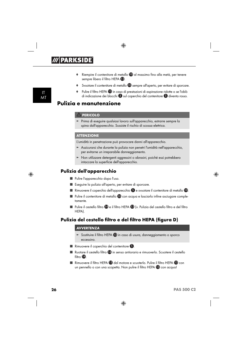 Pulizia e manutenzione, Pulizia dell'apparecchio | Parkside PAS 500 C2 User Manual | Page 29 / 84