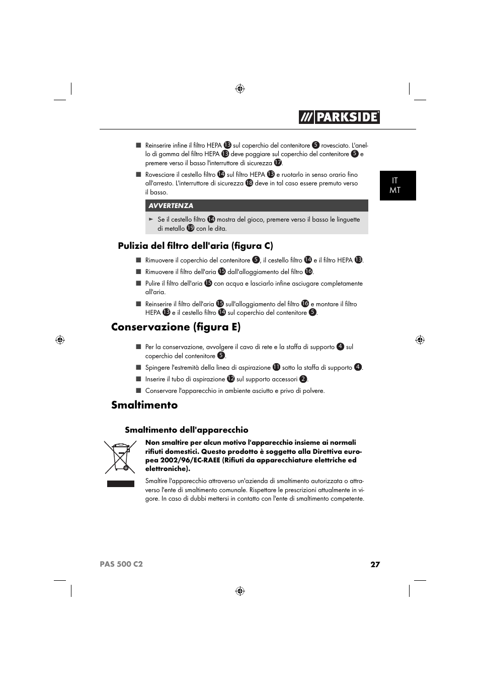 Conservazione (ﬁ gura e), Smaltimento, Pulizia del ﬁ ltro dell'aria (ﬁ gura c) | Parkside PAS 500 C2 User Manual | Page 30 / 84