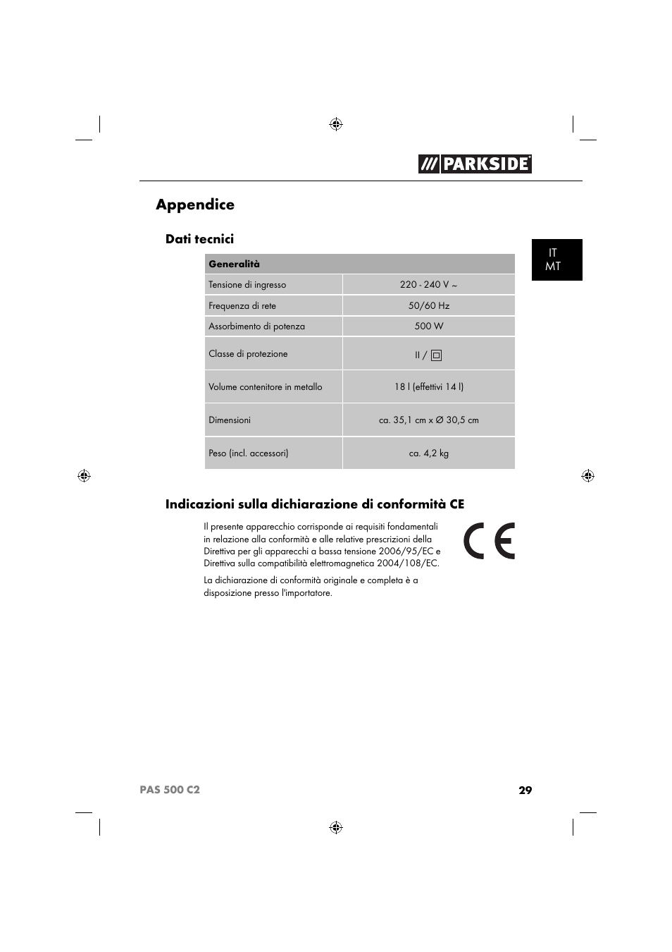 Appendice, Dati tecnici, Indicazioni sulla dichiarazione di conformità ce | Parkside PAS 500 C2 User Manual | Page 32 / 84
