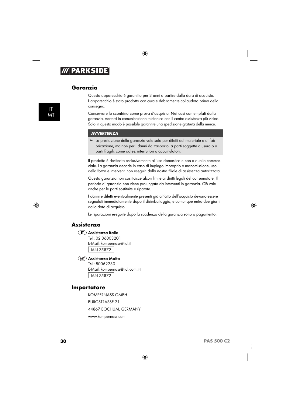 Garanzia, Assistenza, Importatore | Parkside PAS 500 C2 User Manual | Page 33 / 84