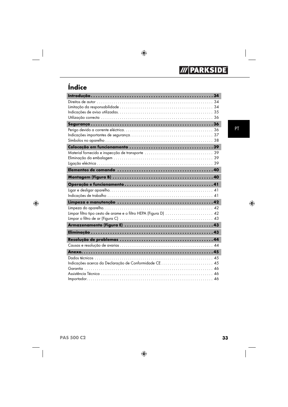 Índice | Parkside PAS 500 C2 User Manual | Page 36 / 84
