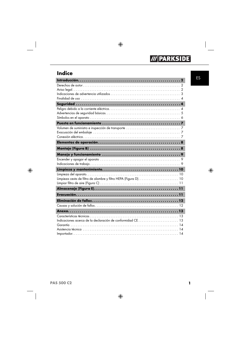 Indice | Parkside PAS 500 C2 User Manual | Page 4 / 84